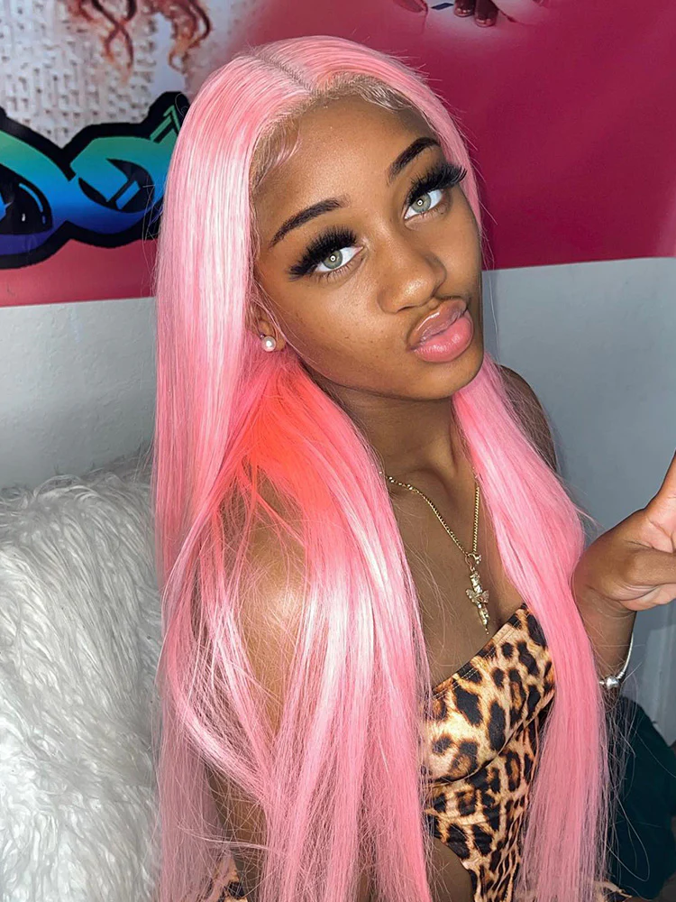CurlyMe Light Ash Pink Color Straight Hair 13x4 Lace Front Wigs Human Hair - Image 6