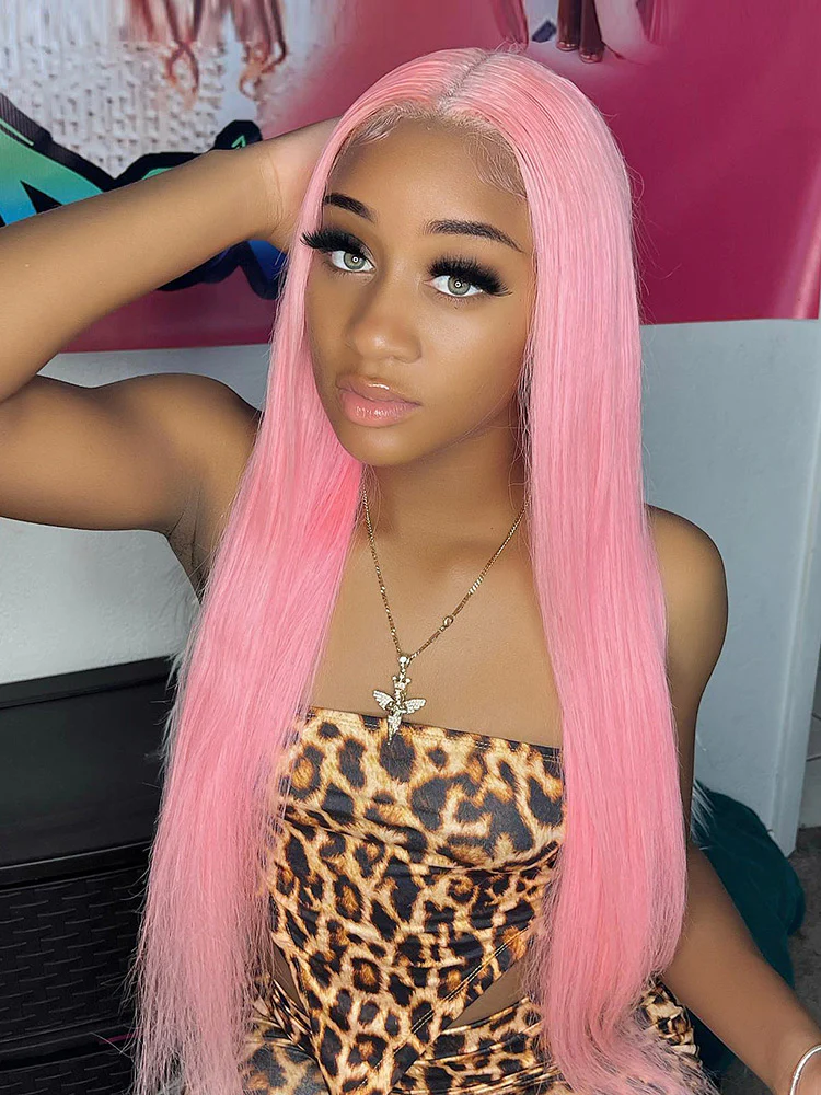 CurlyMe Light Ash Pink Color Straight Hair 13x4 Lace Front Wigs Human Hair - Image 9
