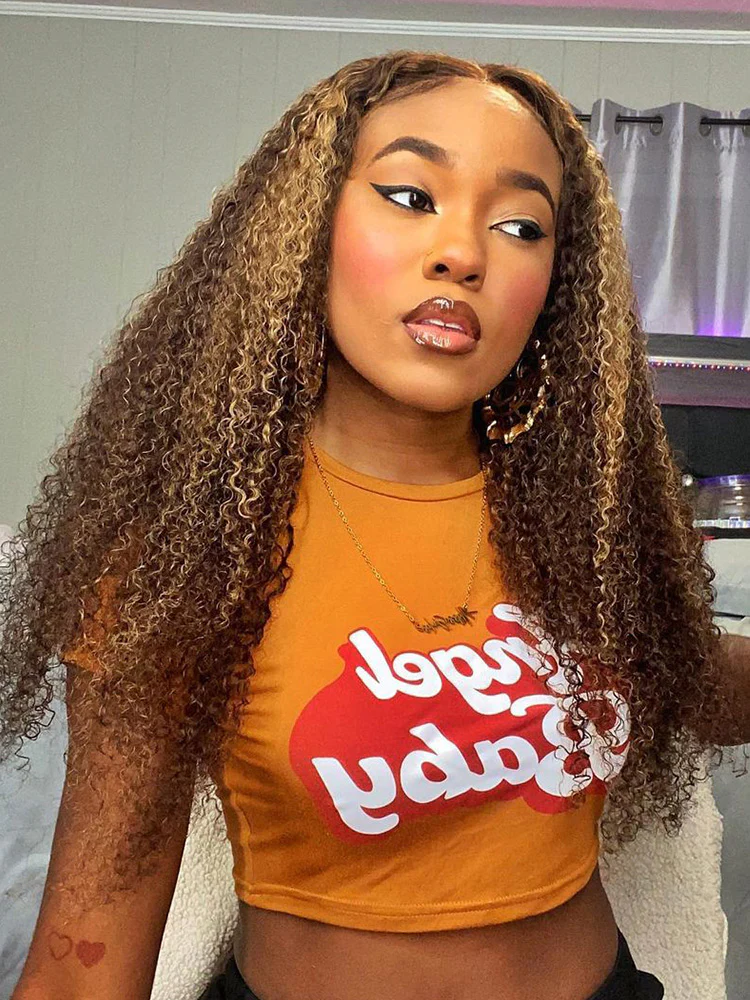 CurlyMe Pre-cut 9x6 Lace M-cap Wear Go Glueless Mini Knots Kinky Curly Hair Highlight Wig Pre-plucked - Image 6