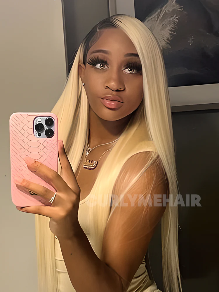 CurlyMe Ombre Blonde Hair With Brown Root Straight Hair 13x4 Lace Front Wigs Human Hair - Image 3