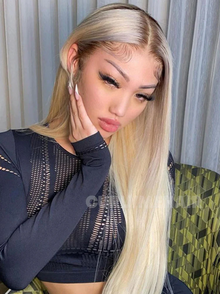 CurlyMe Ombre Blonde Hair With Brown Root Straight Hair 13x4 Lace Front Wigs Human Hair - Image 5