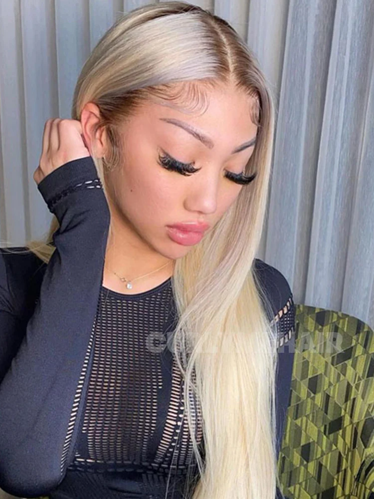 CurlyMe Ombre Blonde Hair With Brown Root Straight Hair 13x4 Lace Front Wigs Human Hair - Image 6