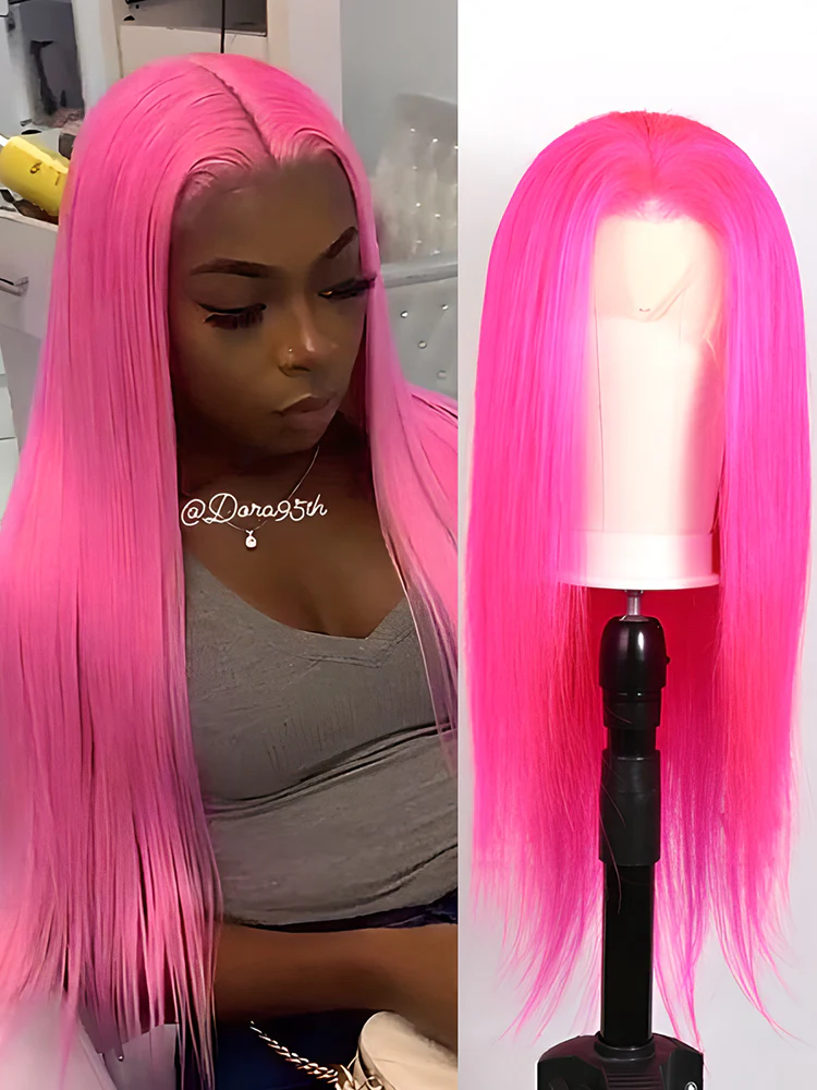 CurlyMe Hot Pink Colored Straight Human Hair 13x4 Lace Front Wigs Pre Plucked Hairline - Image 3