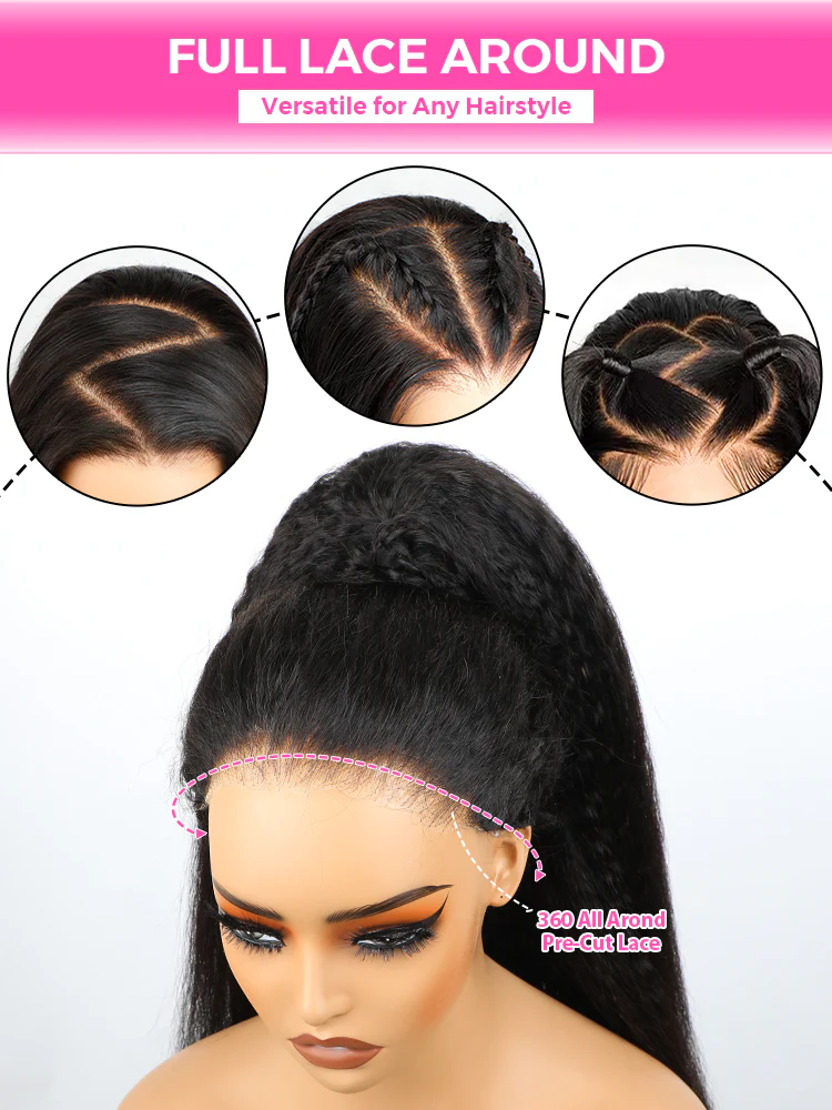 CurlyMe 360 Fit Wig Pre-Bleached Kinky Straight Human Hair Pre-Cut 360 Lace Wear Go Glueless Wig Pre-Plucked - Image 10