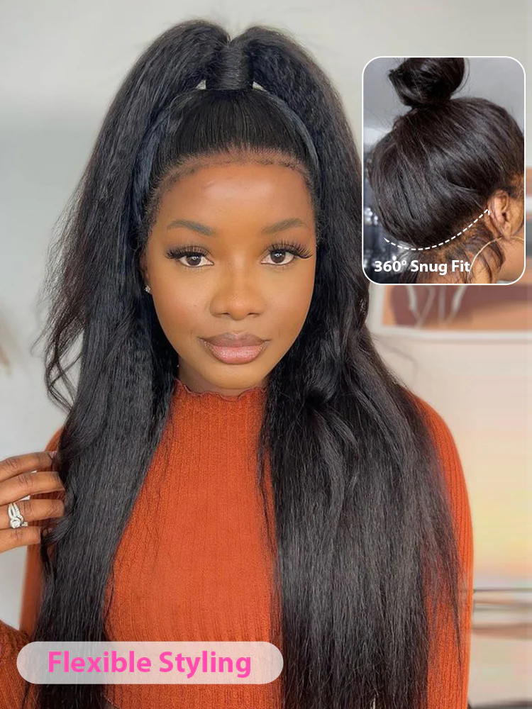 CurlyMe 360 Fit Wig Pre-Bleached Kinky Straight Human Hair Pre-Cut 360 Lace Wear Go Glueless Wig Pre-Plucked - Image 5