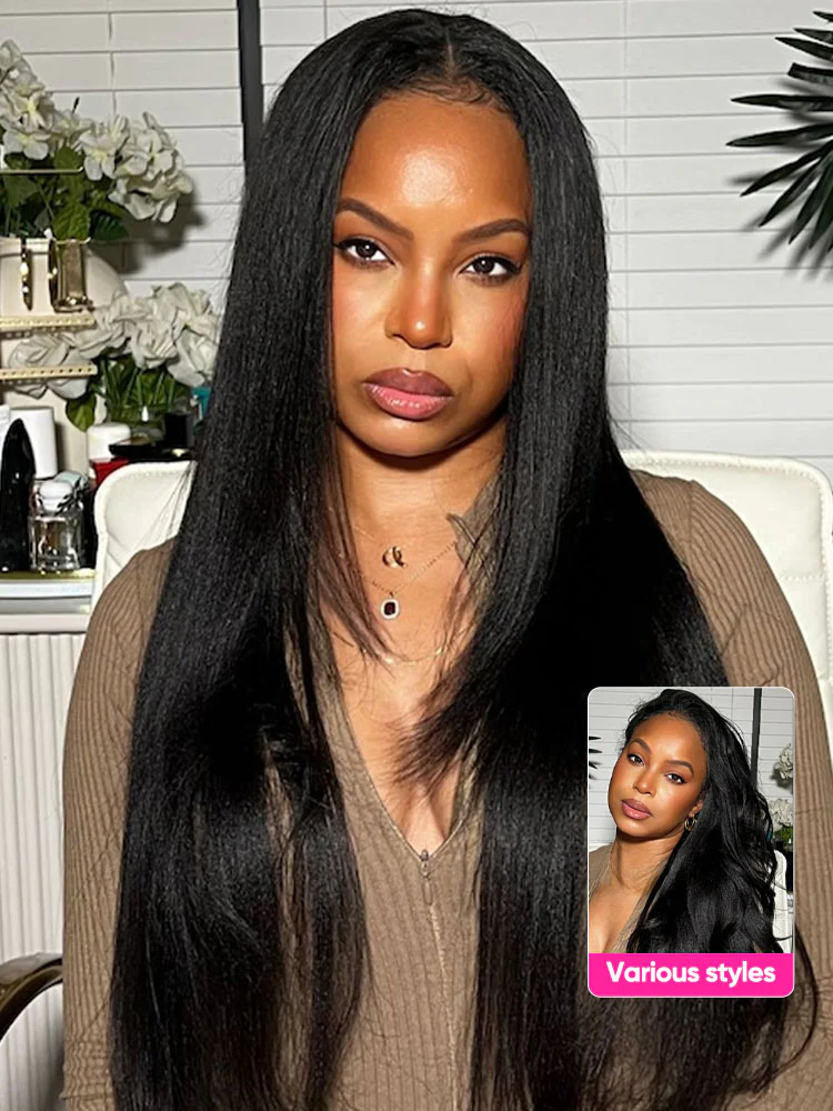 CurlyMe Pre-bleached Yaki Straight Hair Wear Go Glueless Wig 7x5 Pre-cut HD Lace Pre-plucked - Image 3