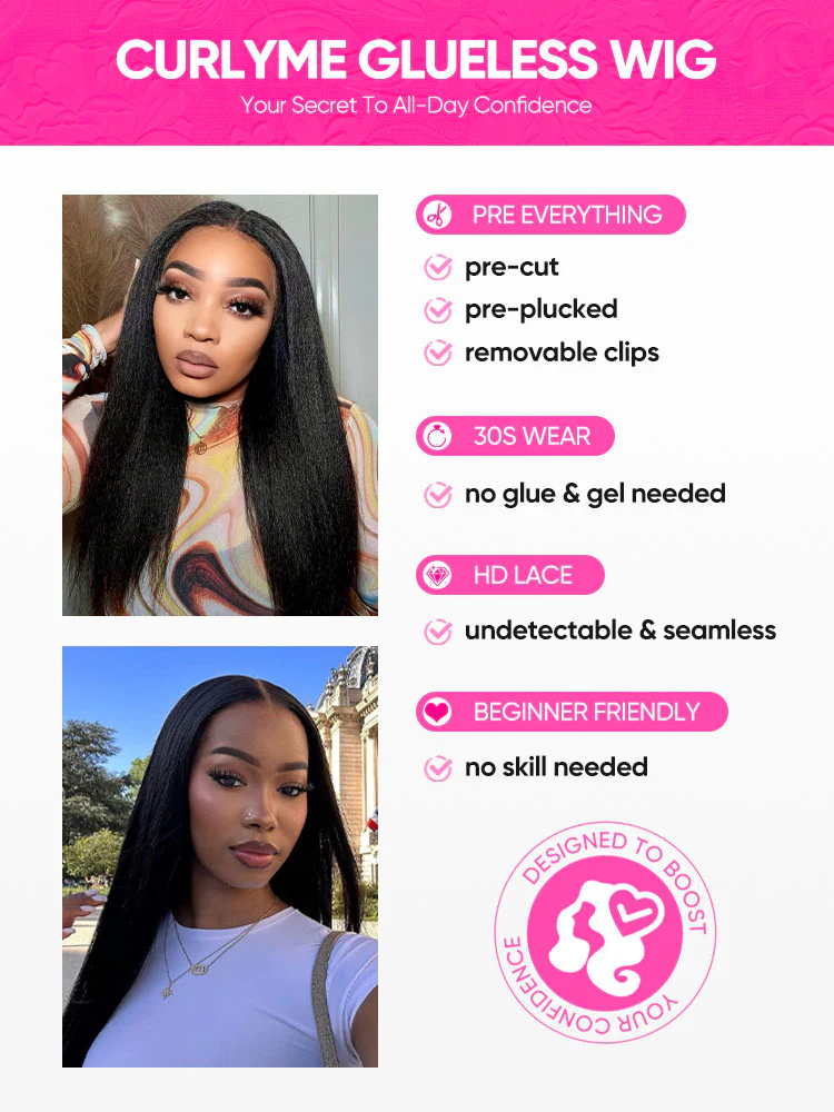 CurlyMe Pre-bleached Yaki Straight Hair Wear Go Glueless Wig 7x5 Pre-cut HD Lace Pre-plucked - Image 8
