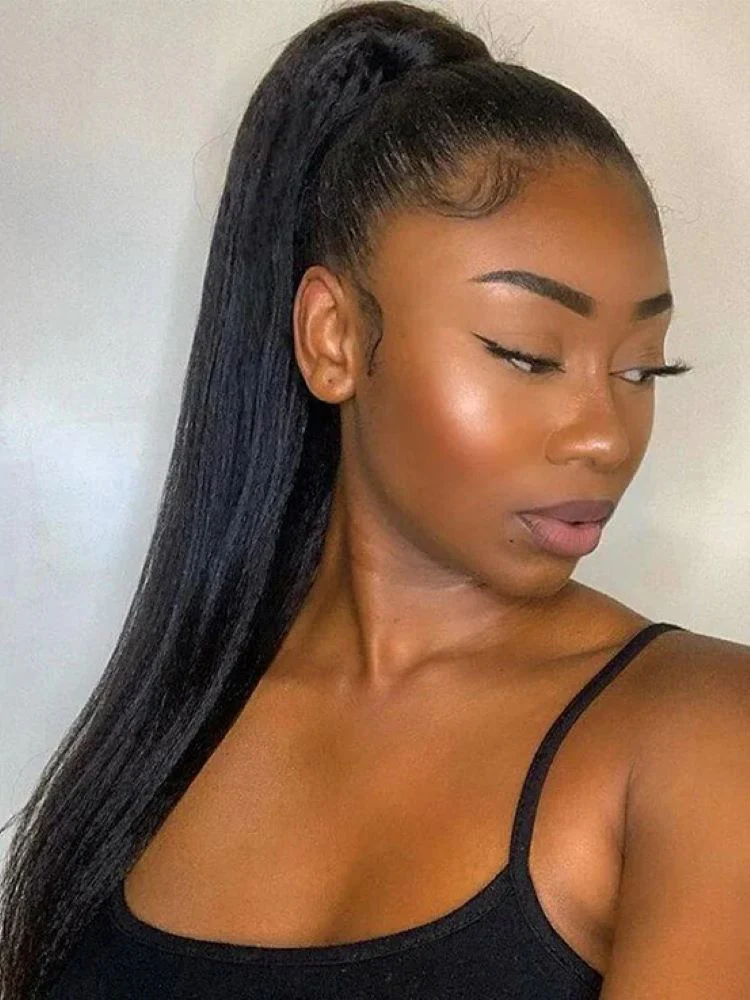 CurlyMe 360 Lace Wear Go Wig Pre-Bleached Yaki Straight Human Hair Pre-Plucked Lace Front Wig - Image 3