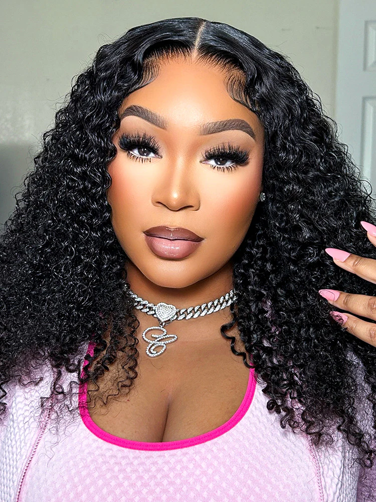 CurlyMe Kinky Curly 4x4 Lace Closure Wigs Pre Plucked Hairline Natural Black Curly Hair - Image 4