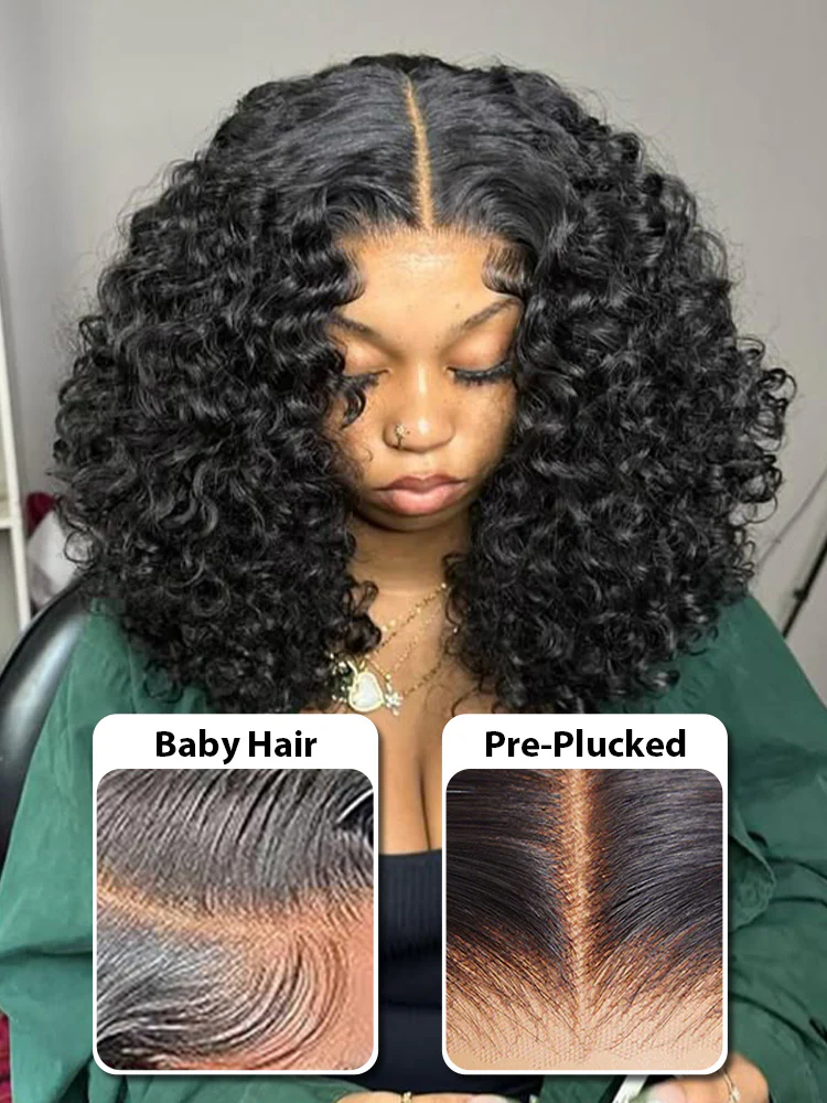 CurlyMe Short Cut Water Wave Hair 13x4 Transparent Lace Bob Wig Pre Plucked - Image 3