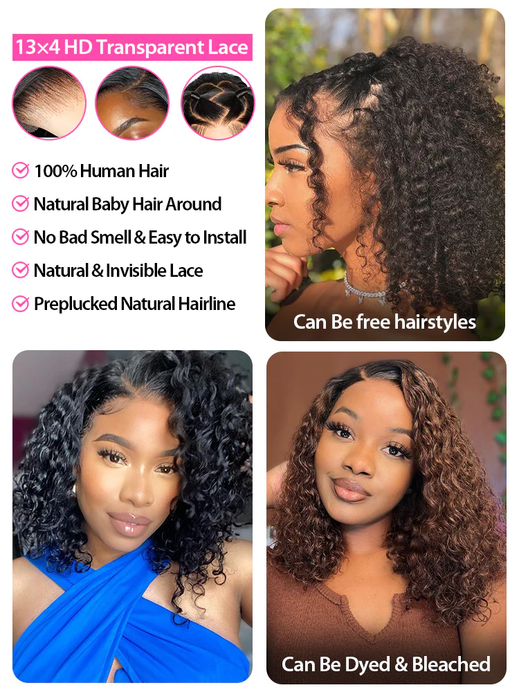 CurlyMe Short Cut Water Wave Hair 13x4 Transparent Lace Bob Wig Pre Plucked - Image 7