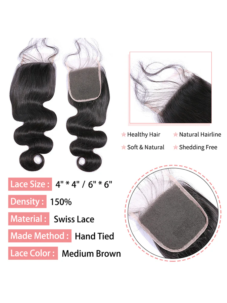 CurlyMe Body Wave Virgin Human Hair 3 Bundles With 4x4Closure Natural Black - Image 5