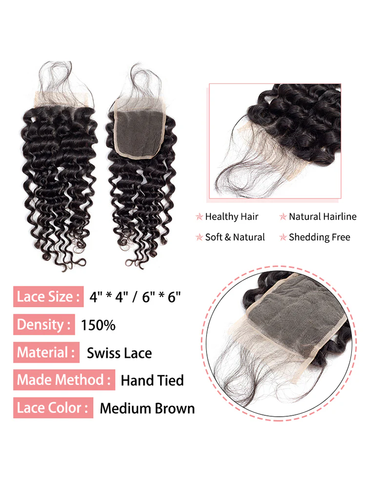 CurlyMe Deep Wave Virgin Human Hair 4 Bundles with 4x4/5x5 Closure Natural Black - Image 4