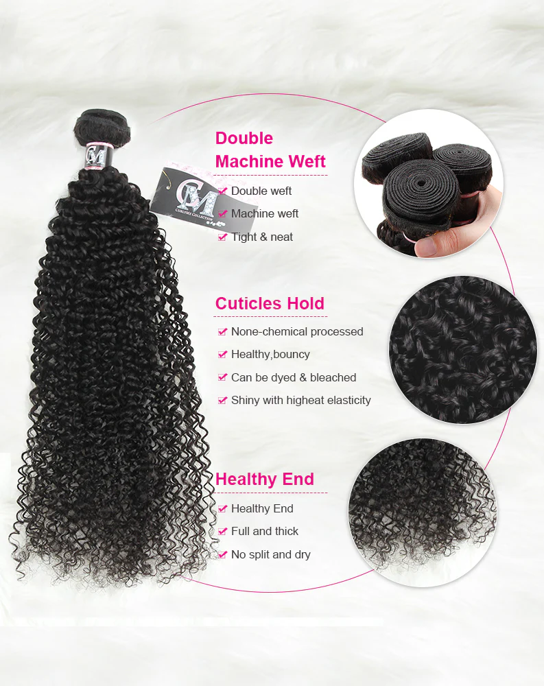 CurlyMe Kinky Curly Virgin Human Hair 3 Bundles With 4x4 Closure Natural Black - Image 4