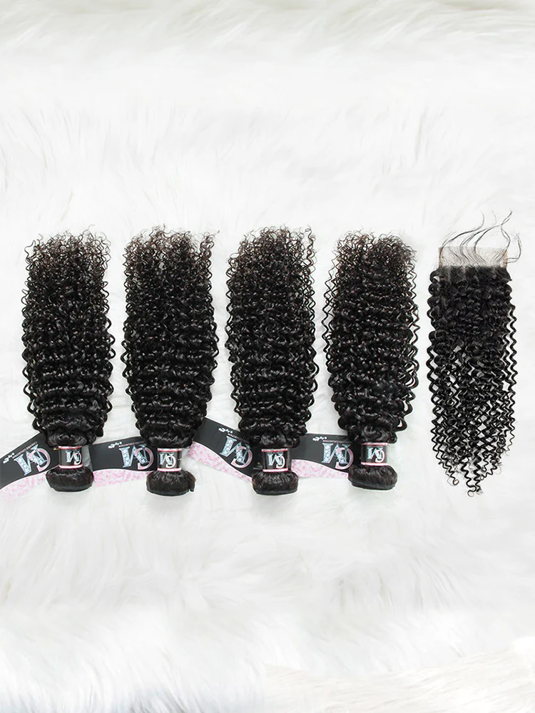 CurlyMe Kinky Curly Virgin Human Hair 4 Bundles with 4x4 Closure Natural Black - Image 6