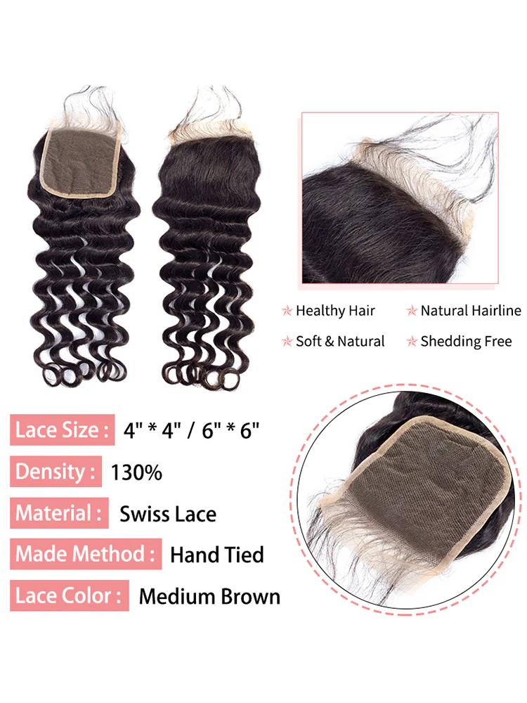 CurlyMe Loose Deep Virgin Human Hair 4 Bundles with 4x4 Closure Natural Black - Image 5