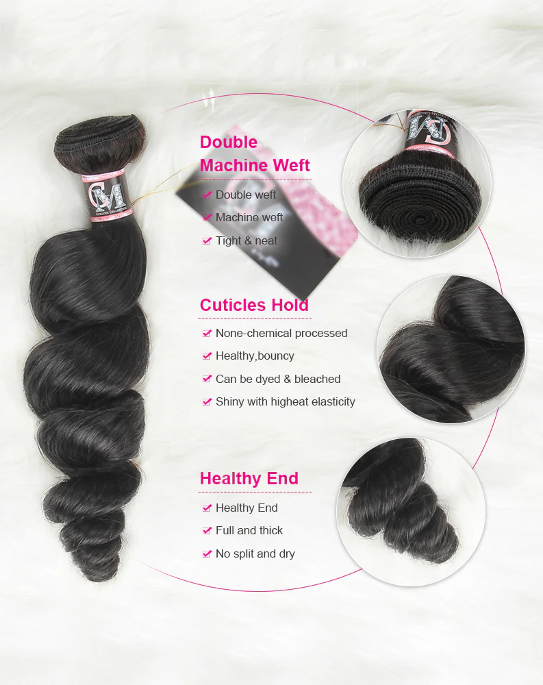 CurlyMe Loose Wave Virgin Human Hair 3 Bundles With 4x4 Closure Natural Black - Image 3