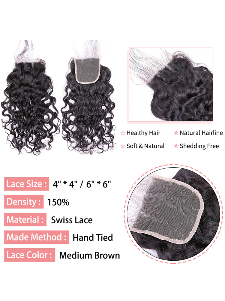 CurlyMe Natural Wave Virgin Human Hair 3 Bundles With 4x4 Closure Natural Black - Image 5