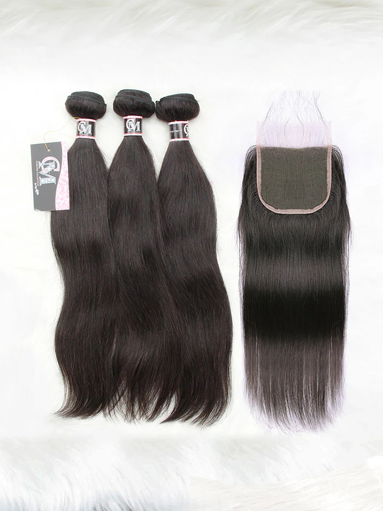 CurlyMe Straight Virgin Human Hair 3 Bundles With 4x4 Closure Natural Black - Image 4