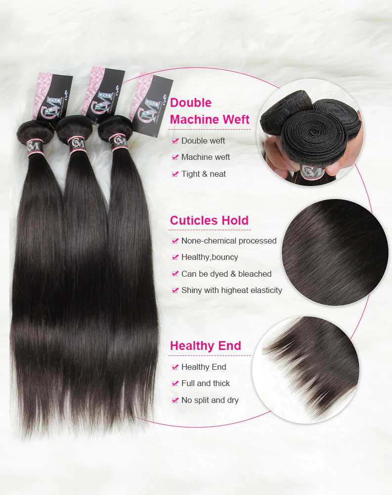 CurlyMe Straight Virgin Human Hair 4 Bundles with 4x4 Closure Natural Black - Image 3