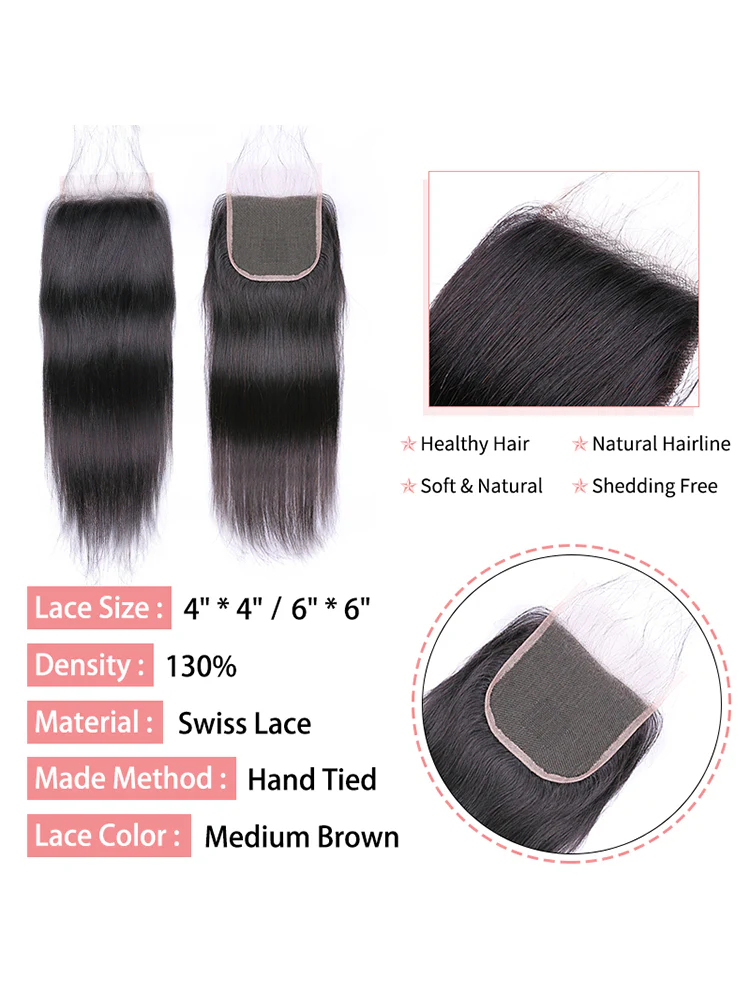 CurlyMe Straight Virgin Human Hair 4 Bundles with 4x4 Closure Natural Black - Image 4