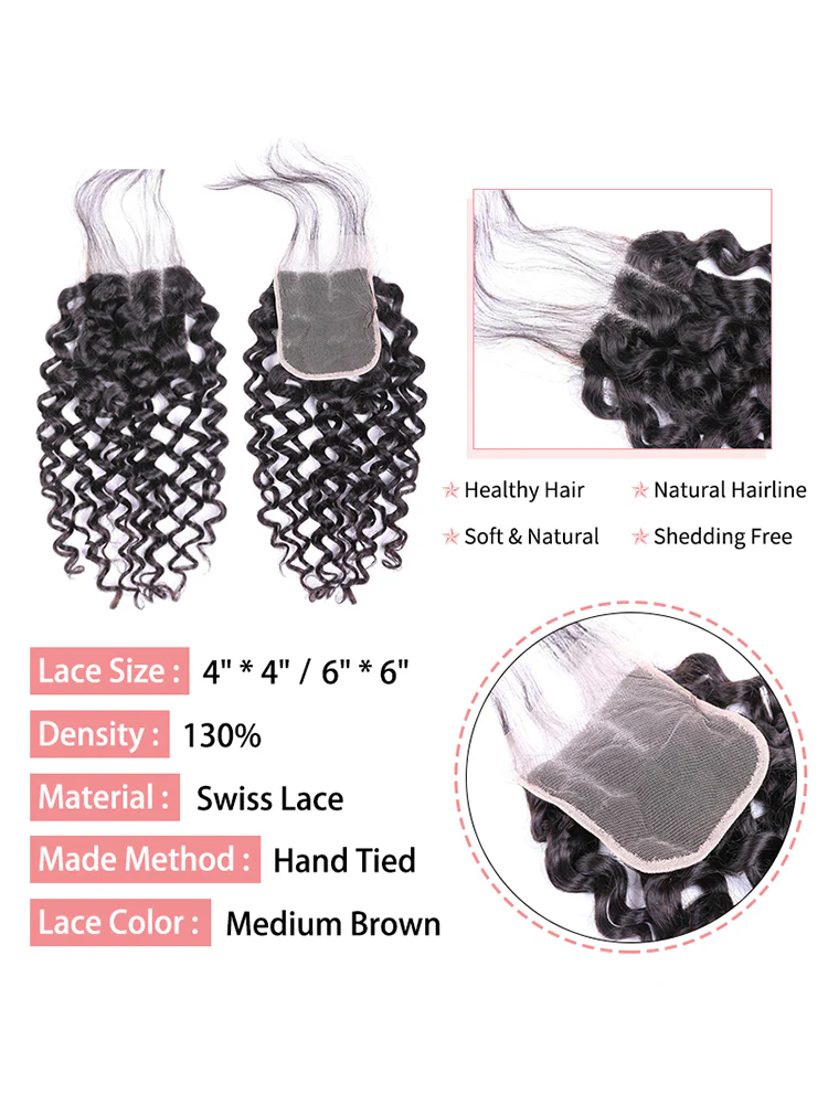 CurlyMe Water Wave Virgin Human Hair 4 Bundles with 4x4 Closure Natural Black - Image 5