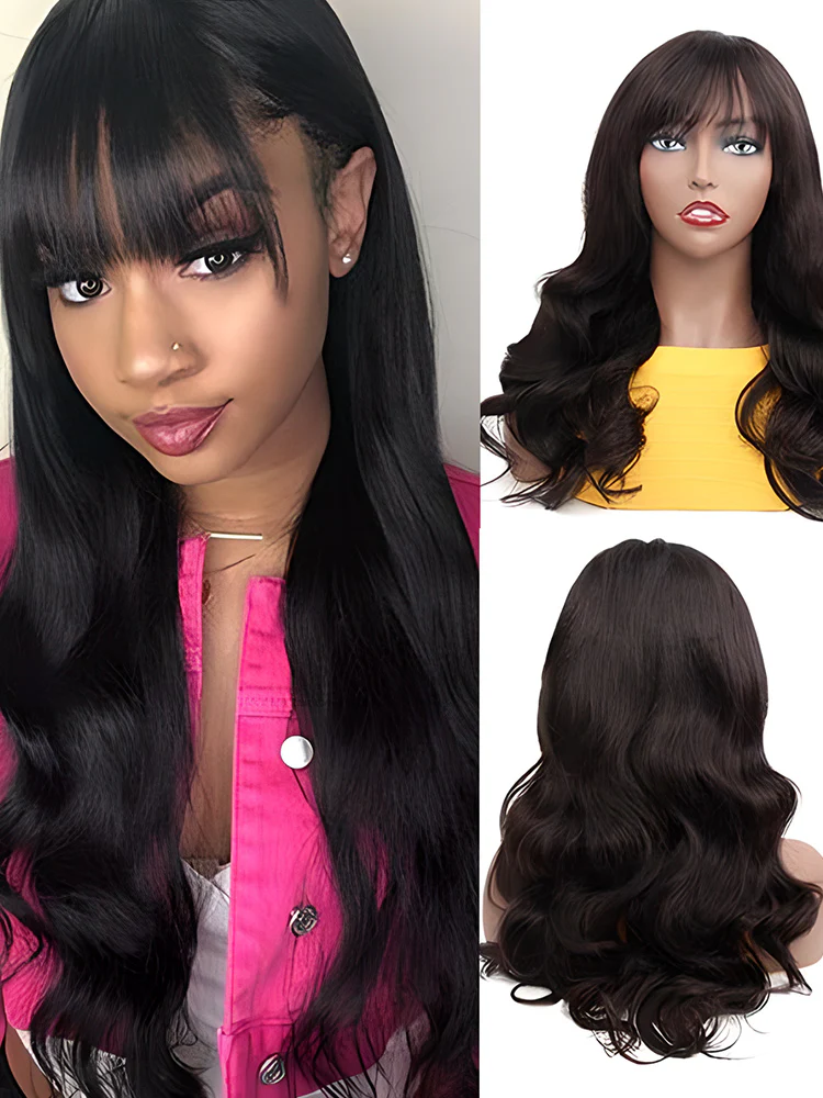 CurlyMe Body Wave Non Lace Wigs Full Machine Made Wigs With Bangs Virgin Hair - Image 3