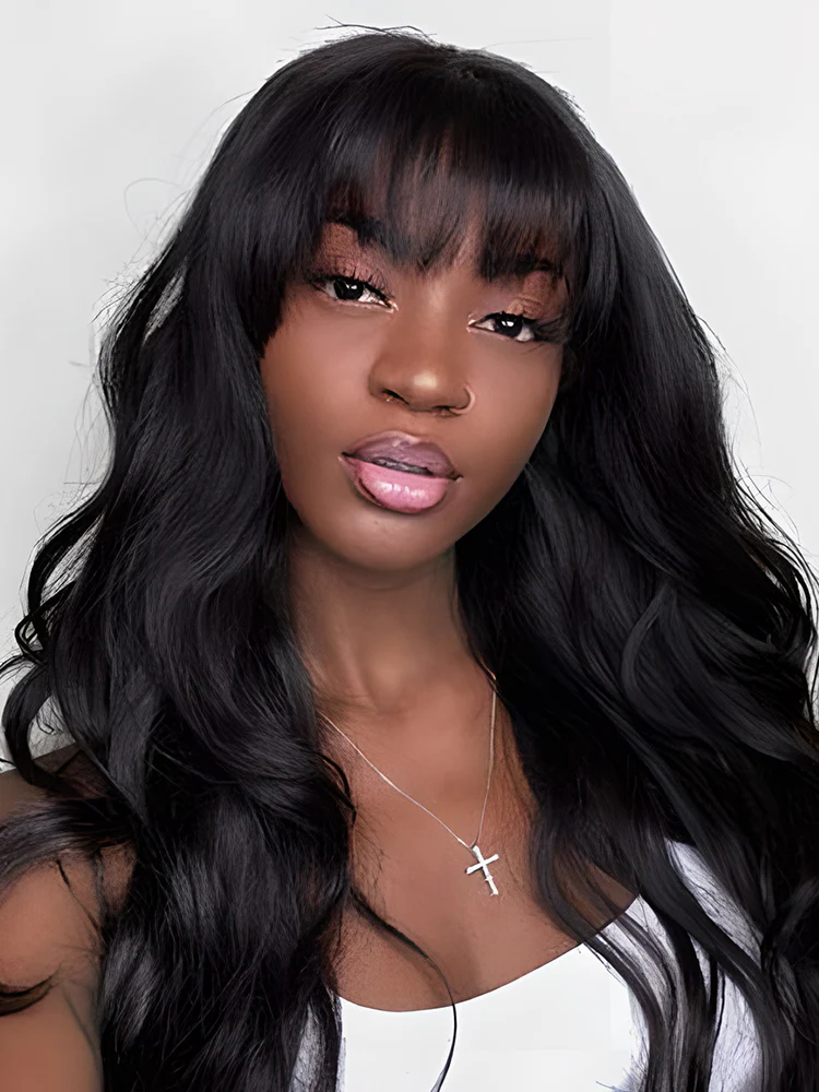 CurlyMe Body Wave Non Lace Wigs Full Machine Made Wigs With Bangs Virgin Hair - Image 4