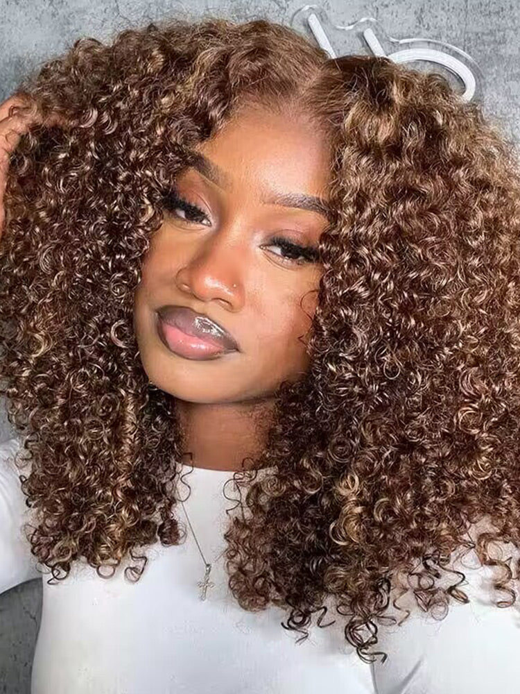 CurlyMe Highlights Ombre Kinky Curly Glueless Bob Wig Wear Go 7x5 Pre Cut  Lace Wig - Image 11