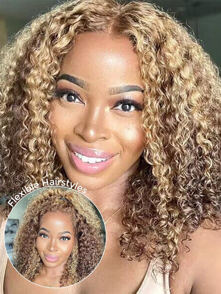 CurlyMe Highlights Ombre Kinky Curly Glueless Bob Wig Wear Go 7x5 Pre Cut  Lace Wig - Image 5