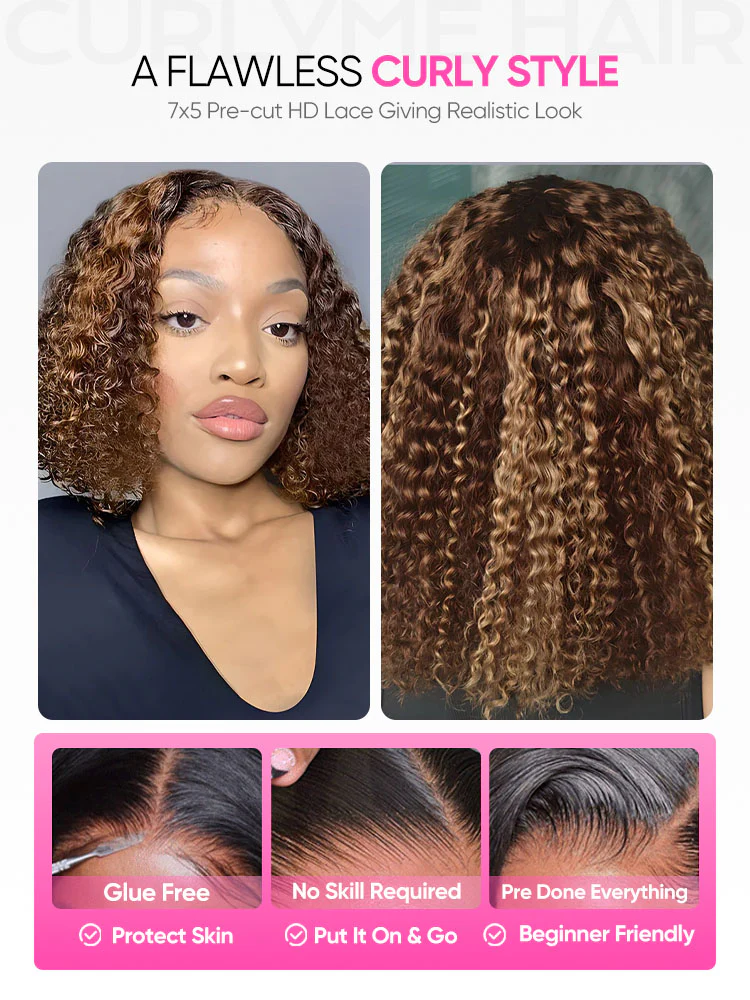 CurlyMe Highlights Ombre Kinky Curly Glueless Bob Wig Wear Go 7x5 Pre Cut  Lace Wig - Image 8