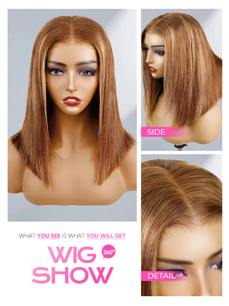 CurlyMe Highlights Ombre Straight Glueless Bob Wig Wear Go 7x5 Pre Cut Lace Wig - Image 4