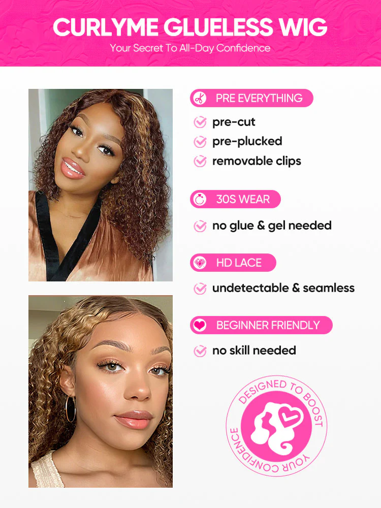 CurlyMe Highlights Ombre Water Wave Glueless Bob Wig Wear Go 7x5 Pre Cut Lace Wig - Image 9