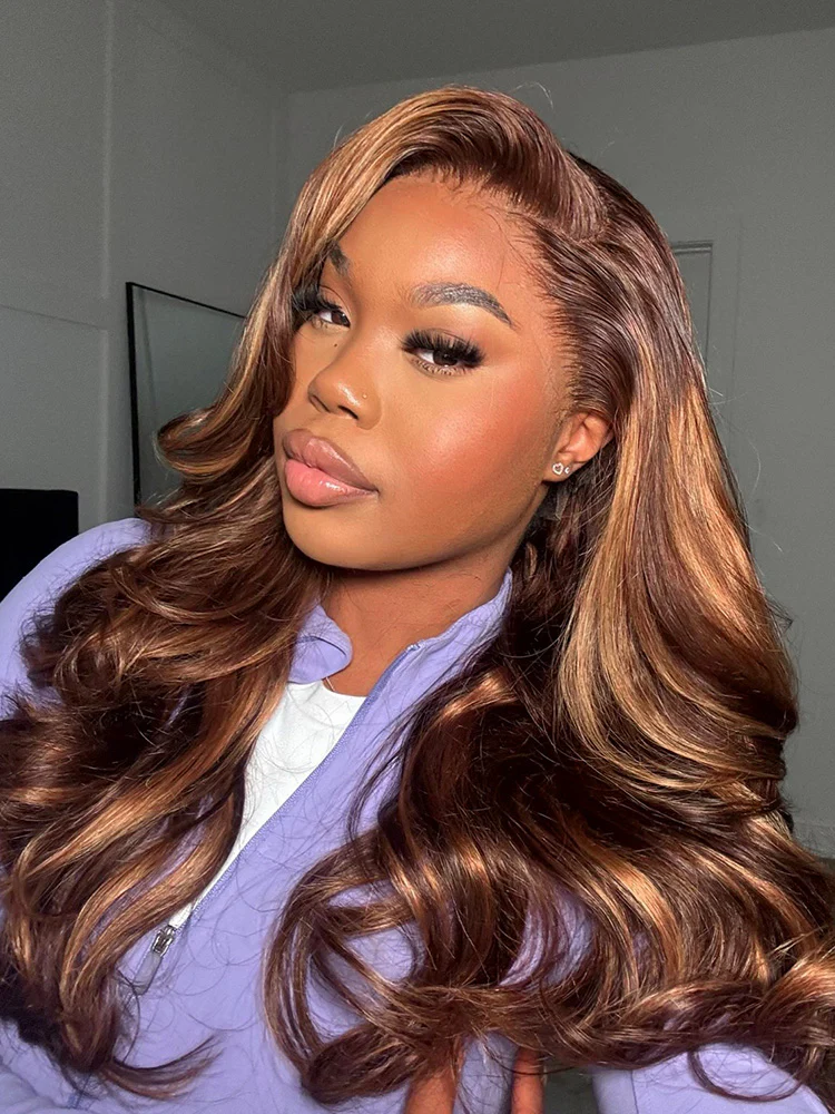 CurlyMe Wear Go Highlight Brown Color Face-Framing Layered Cut Body Wave Wig Pre-Cut Lace Glueless Wigs - Image 5